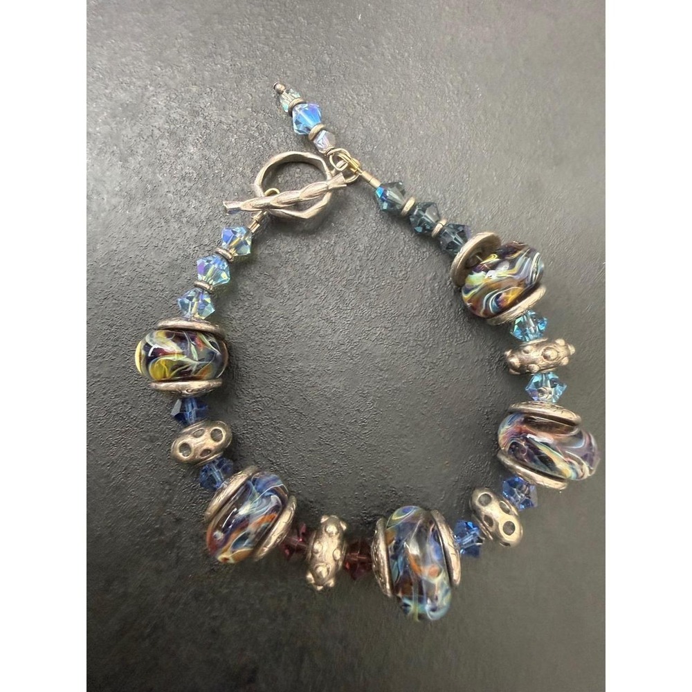 Lampwork Artisan Beaded Bracelet Glass Swirl Toggle Clasp Bohemian Design